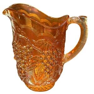Imperial Iridescent Carnival Glass Marigold Pitcher Grape Vine Vintage Orange